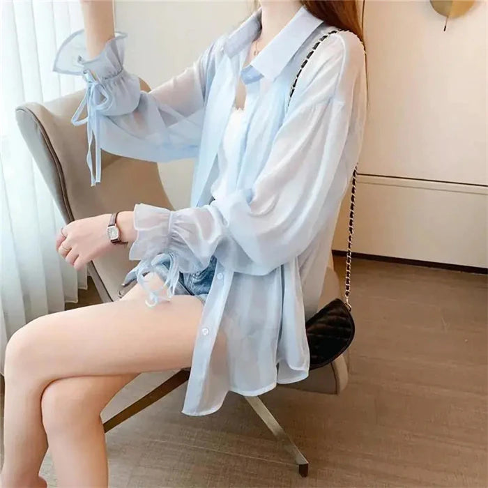 Long Sleeve Elegant Transparent Blouse Shirts