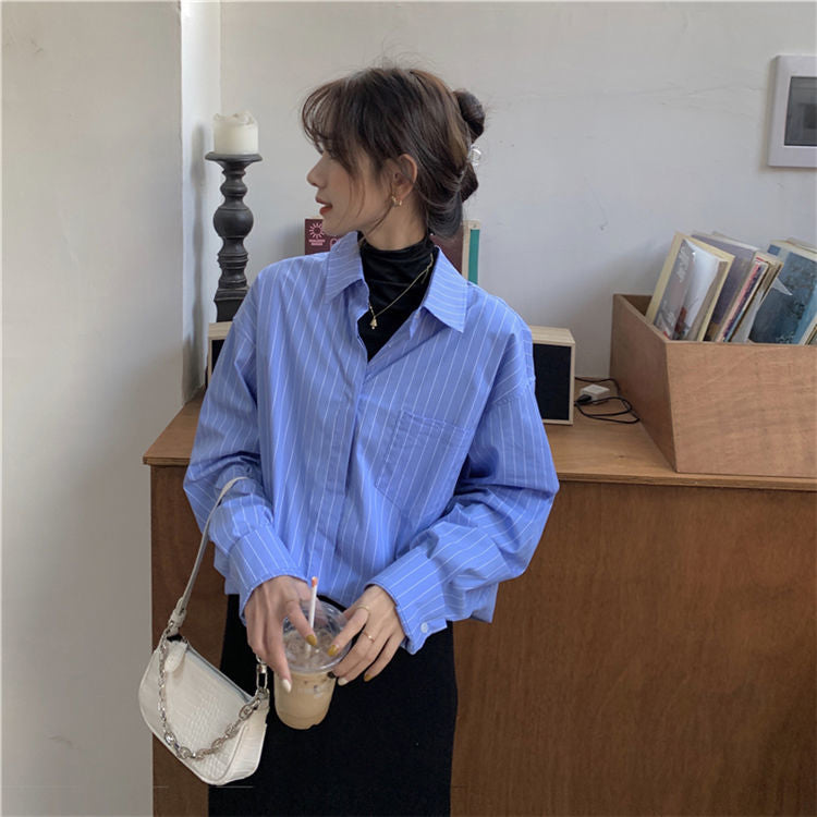 Long Sleeve Blue Striped Blouse Shirt