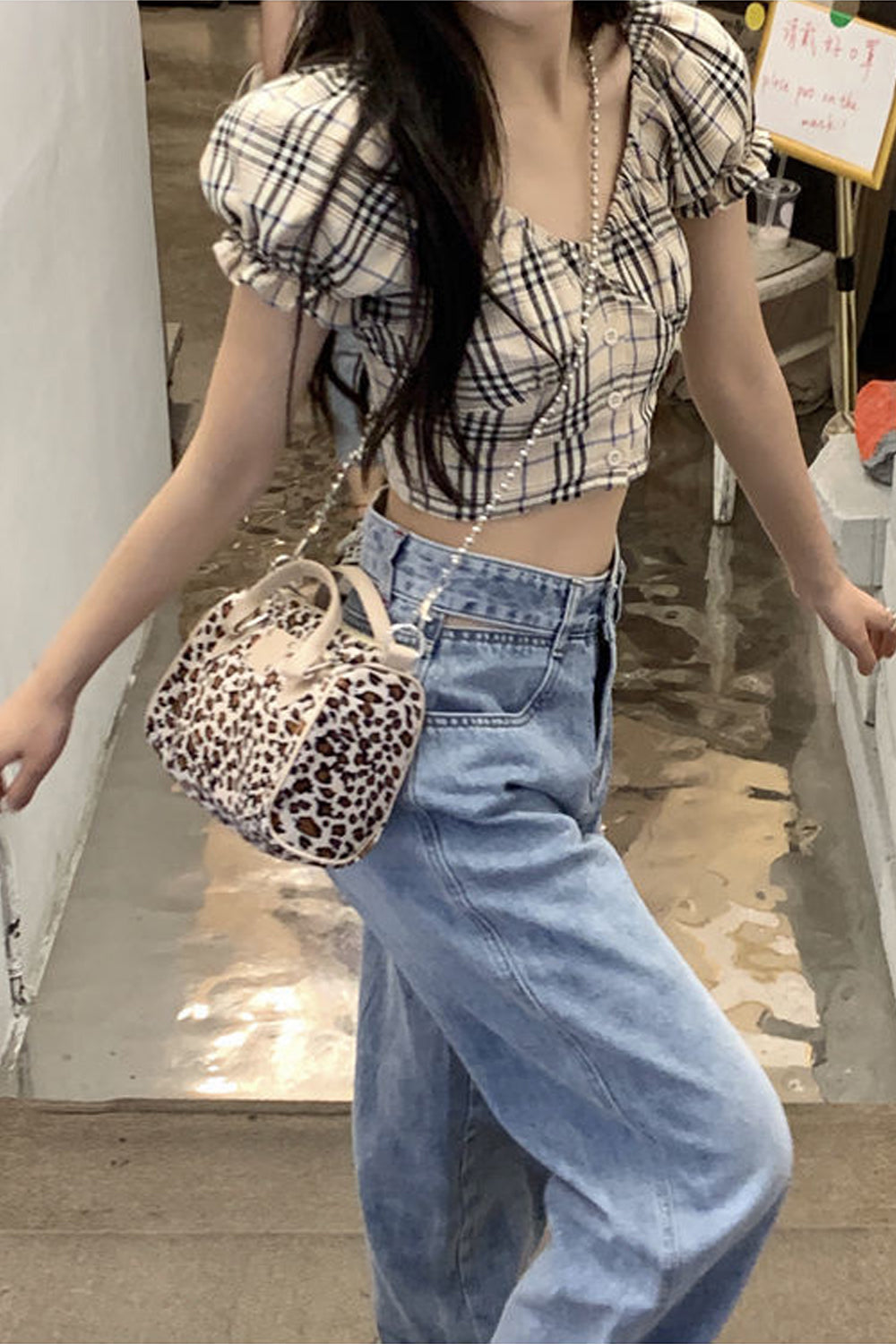 Sexy Puff Sleeve Plaid Crop Tops