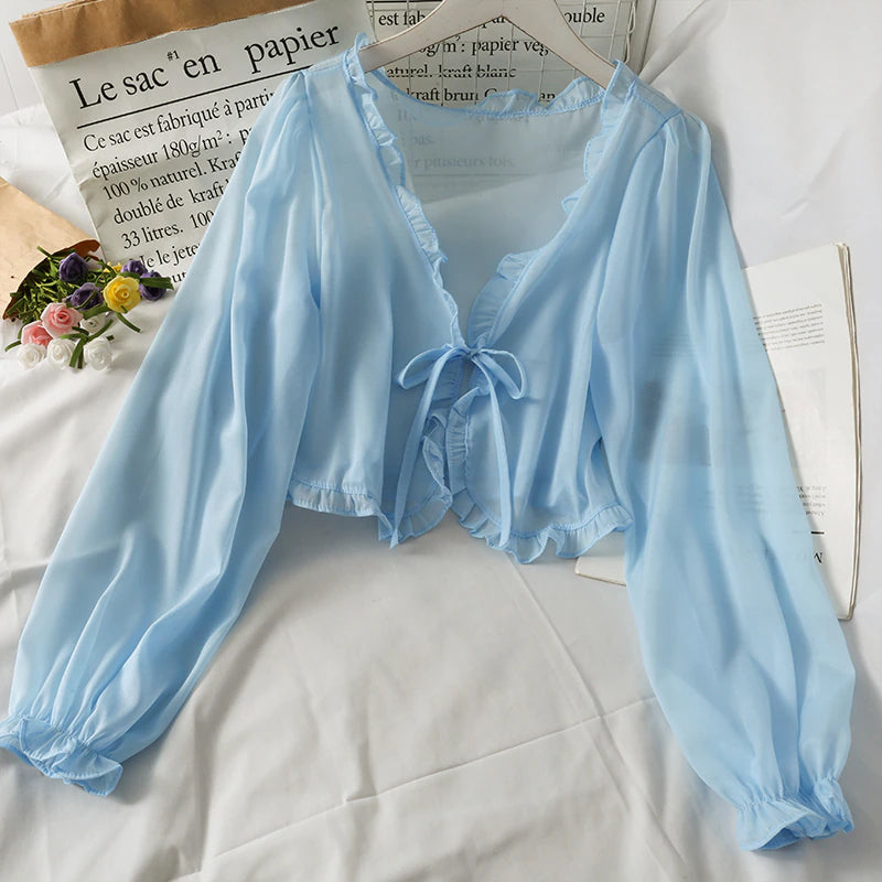 Long Sleeve Lace Tie Thin Transparent Shirts