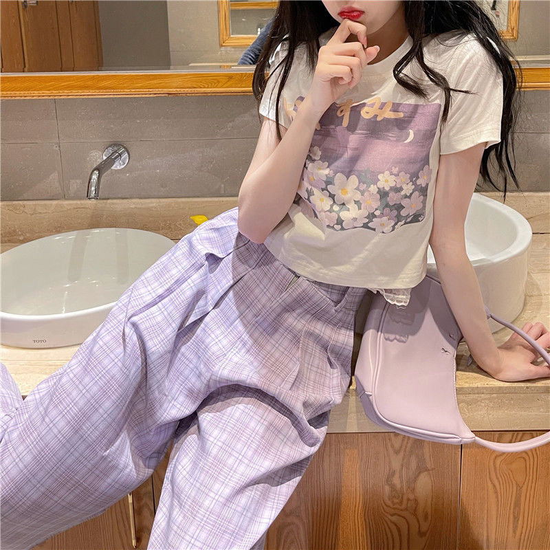 High Waist Cute Purple Plaid Loose Pants