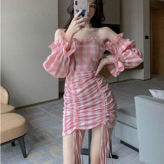 Long Sleeve Slash Neck Pink Plaid Slim Mini Dress