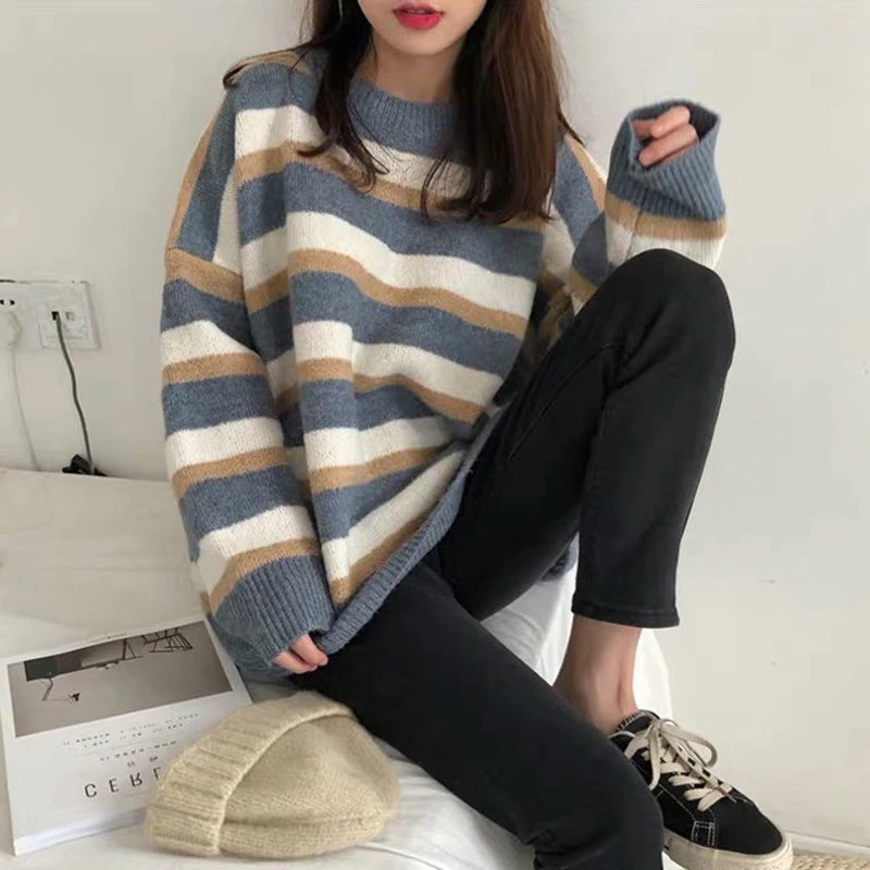 Long Sleeve Retro Striped Knitted Sweater