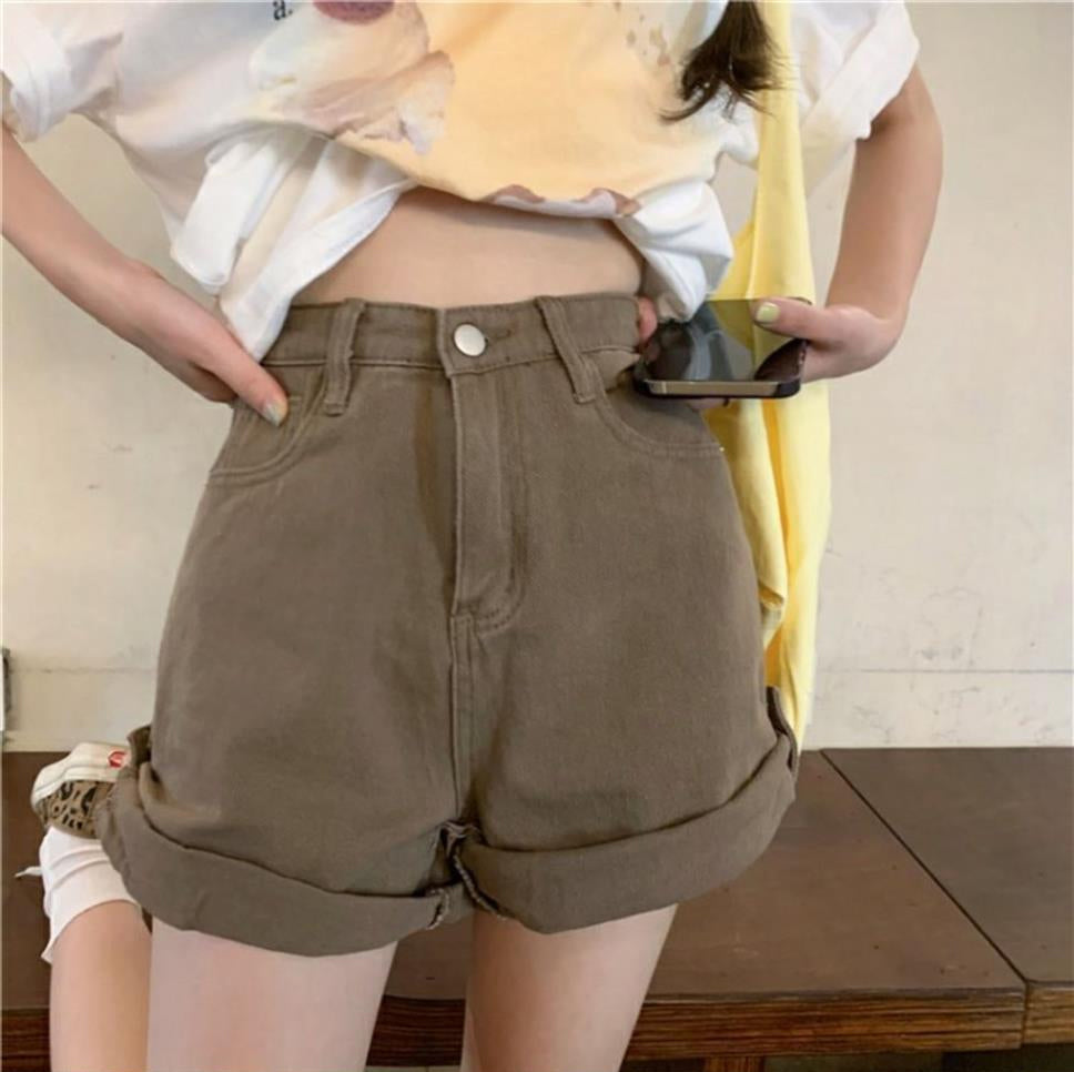 High Waist Solid Brown Shorts Jeans