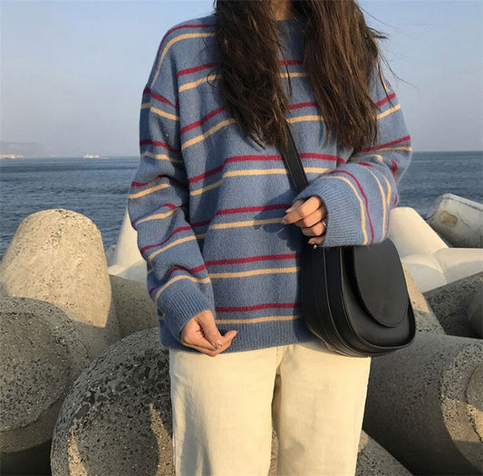 Retro O-Neck Striped Knitted Sweater