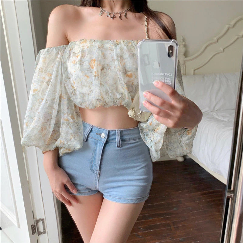 Sexy Floral Pattern Off Shoulder Square Collar Cropped Blouse