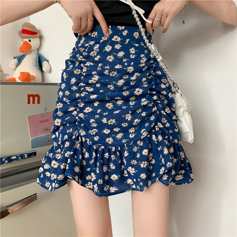 High Waist Fold Floral Pattern Mini Skirts