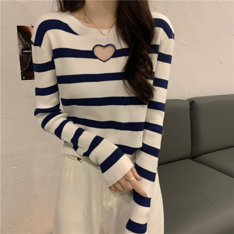 Heart Hole Pattern Striped Sweater