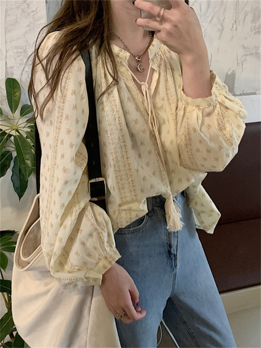 Long Sleeve Loose Retro Pattern Lace Up Blouse Shirts