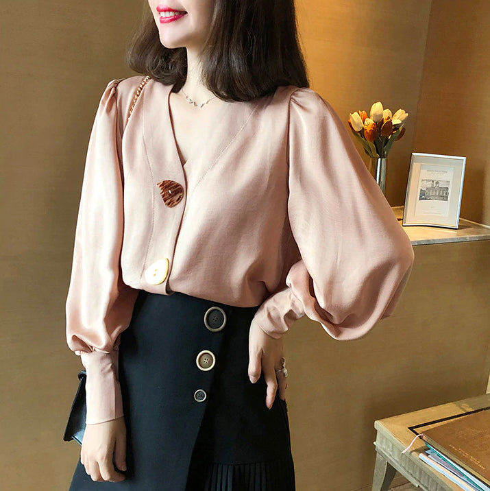 Long Sleeve V-Neck Lantern Chiffon Shirts