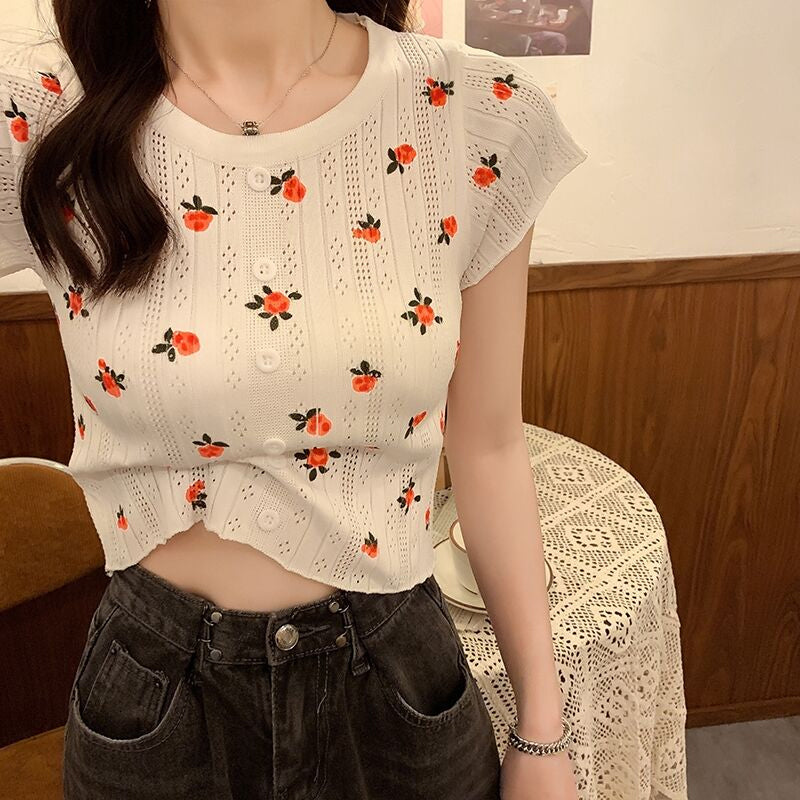 Short Sleeve Flower Knitted Slim Shirt