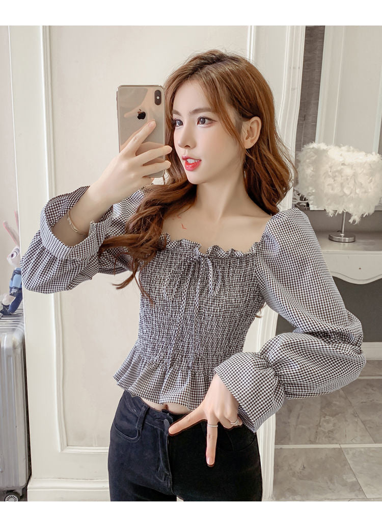 Long Sleeve Cute Tied Bow Plaid Blouse Shirts