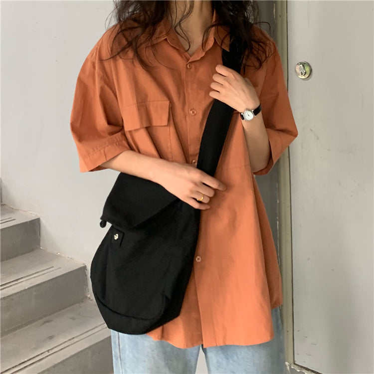 Loose Short Sleeve Double Pocket Blouse Shirts