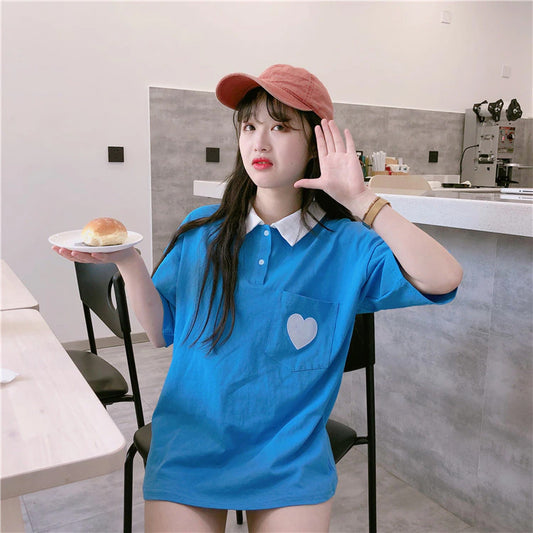 Cute Heart Pocket Embroidered Collar Shirts