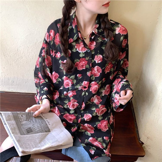 Long Sleeve Roses Flower Pattern Blouse Shirts