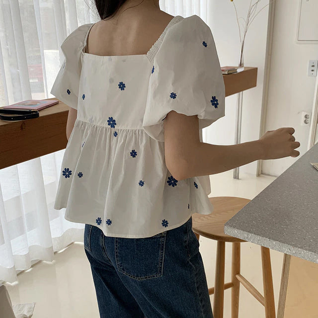 Short Puff Sleeve Floral Blouse Shirt