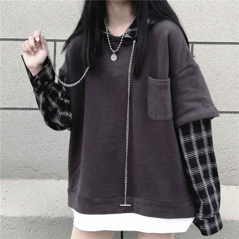 Hip Hop Sleeve Plaid Loose Hoodie