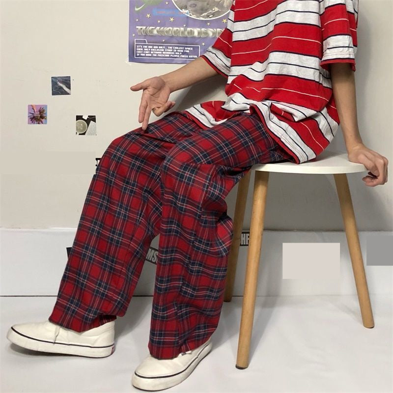 High Waist Red Plaid Wide Leg Pants