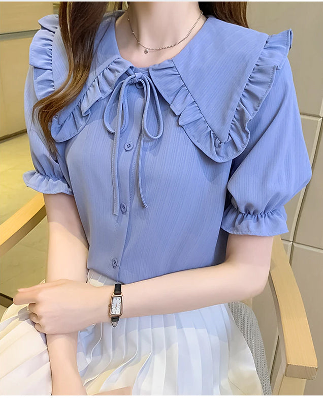 Loose Short Sleeve Doll Collar Blouse Shirt