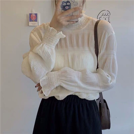 Long Sleeve High Neck Wrinkled Blouse Shirts