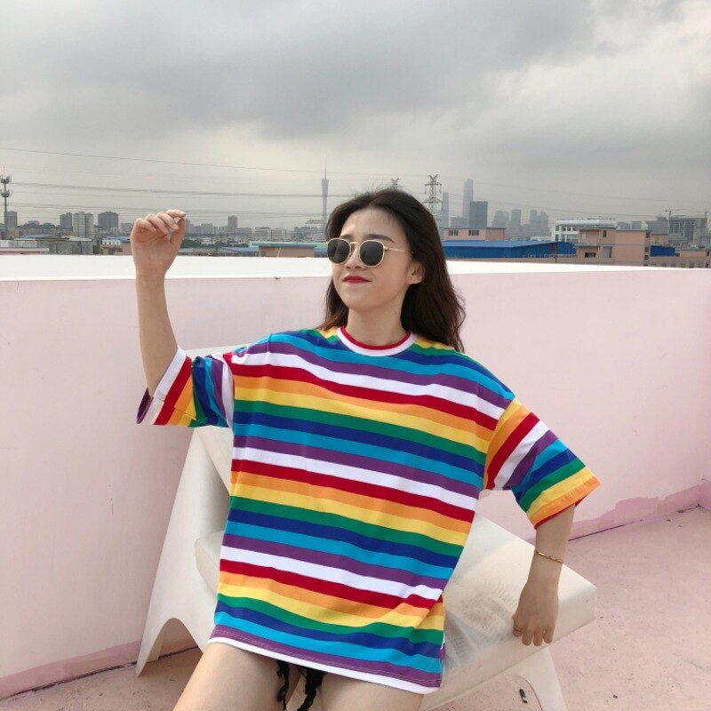 Short Sleeve Cute Rainbow Striped Shirts