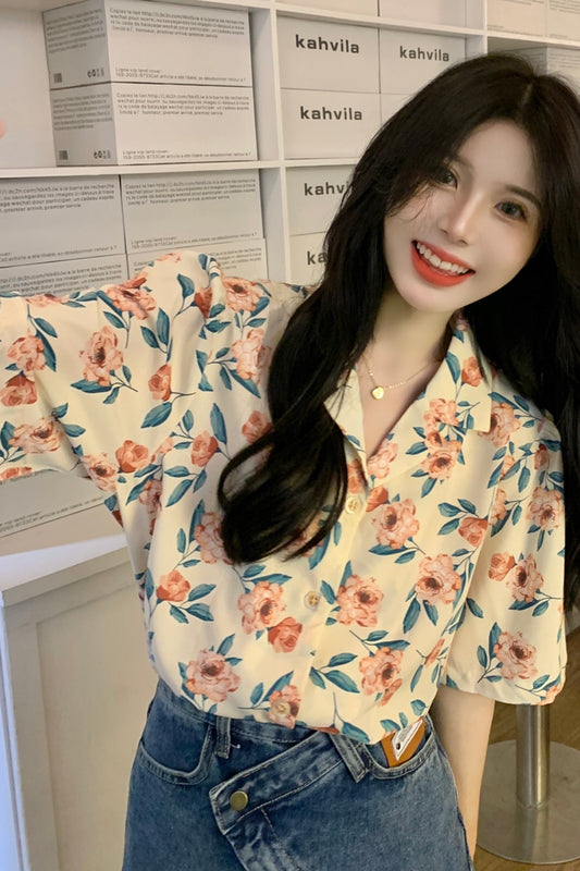 Short Sleeve Notched Style Floral Blouse Shirts