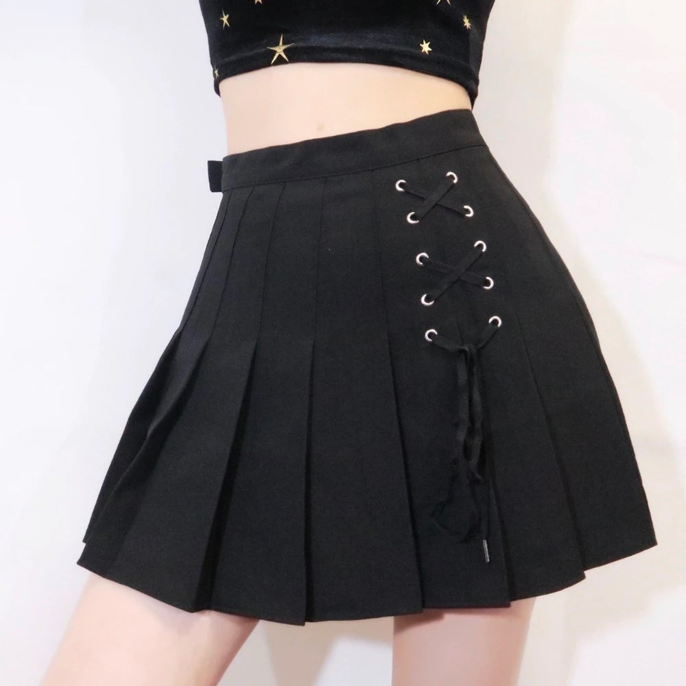 Front Lace Up Tie Pleated Mini Skirts