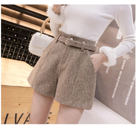 High Waist Woolen Belted Office Mini Shorts