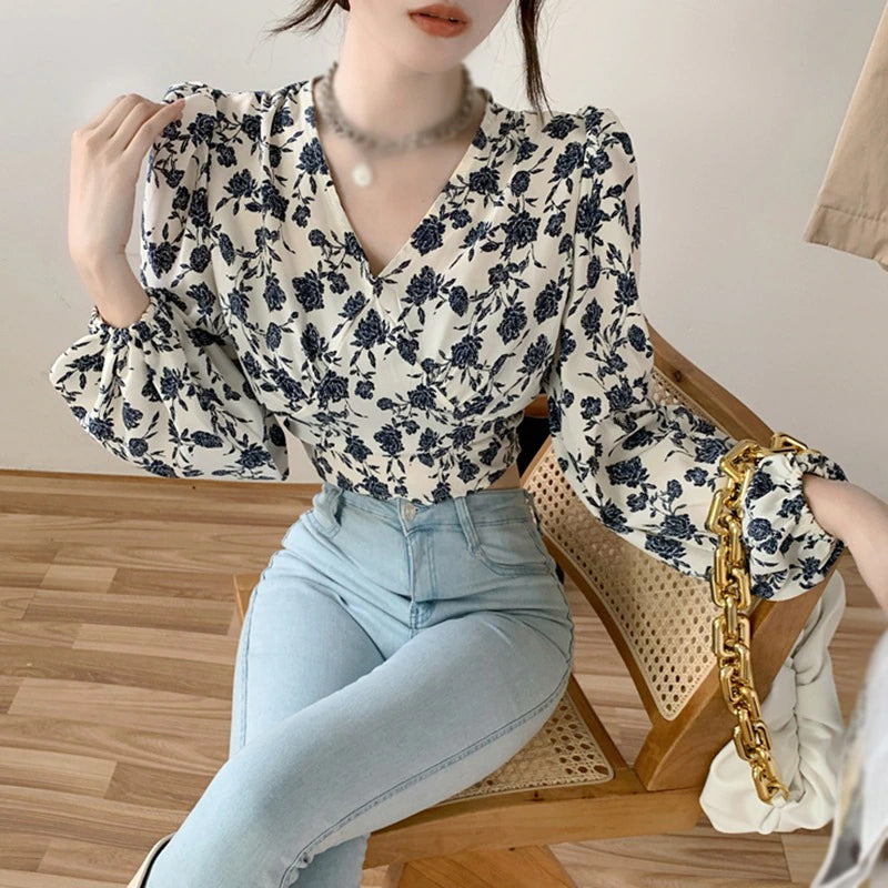 Long Sleeve V-Neck Floral Printed Belted Shirts