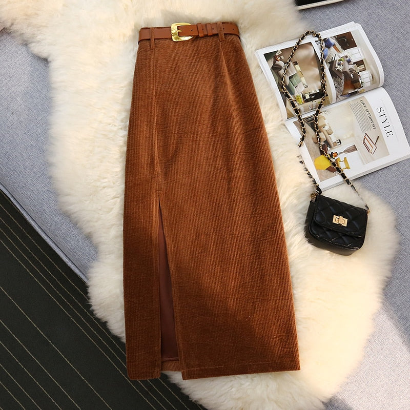 High Waist Side Slit Elegant Corduroy Long Skirts