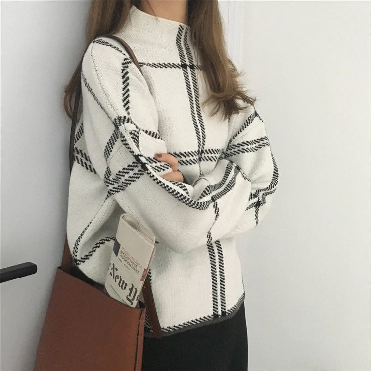 Loose Plaid Knitted Turtleneck Sweater