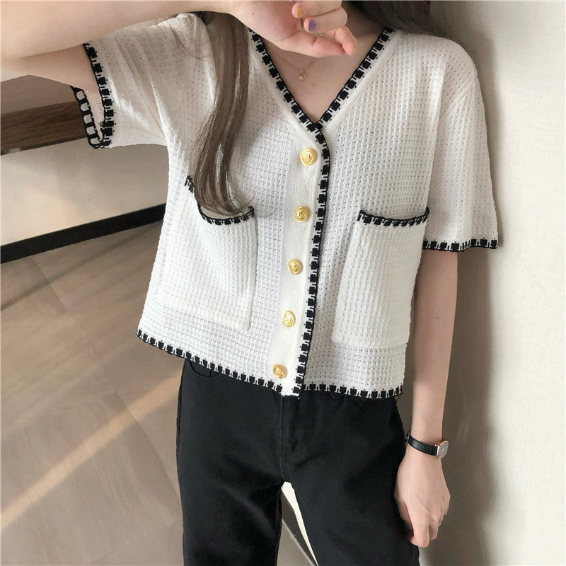 Short Sleeve Knitted Tunic Cropped Shirt