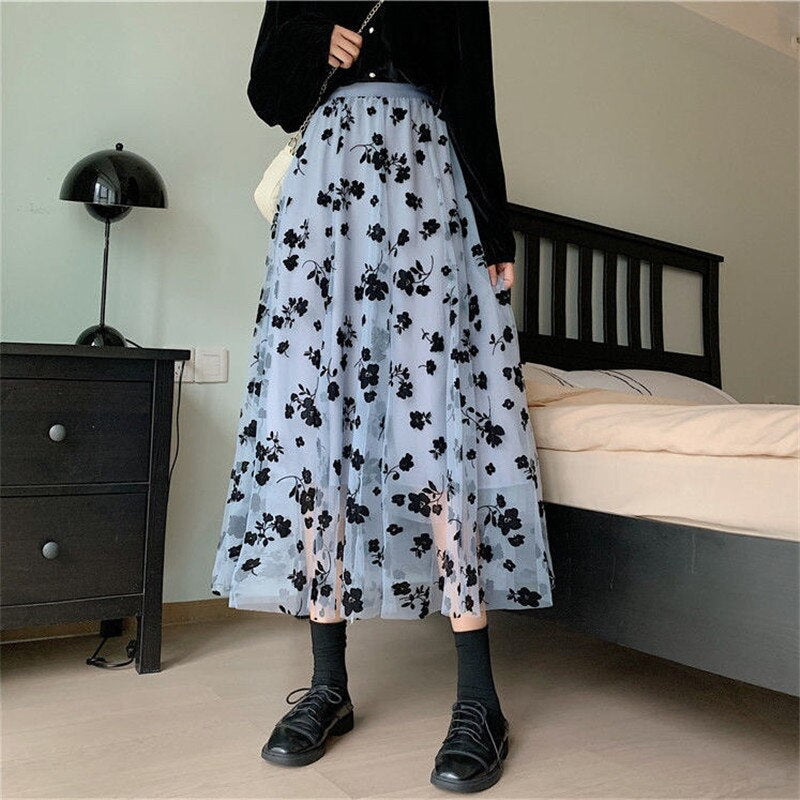 High Waist Flowers Pattern Long Tulle Skirt