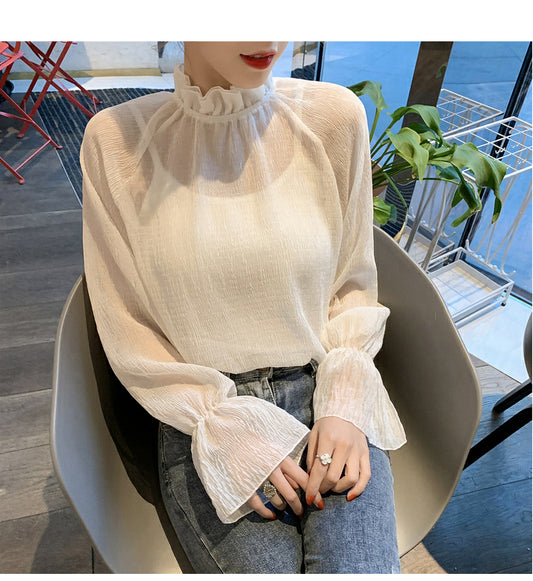 Long Sleeve Elegant Wrinkled Transparent Blouse Shirts