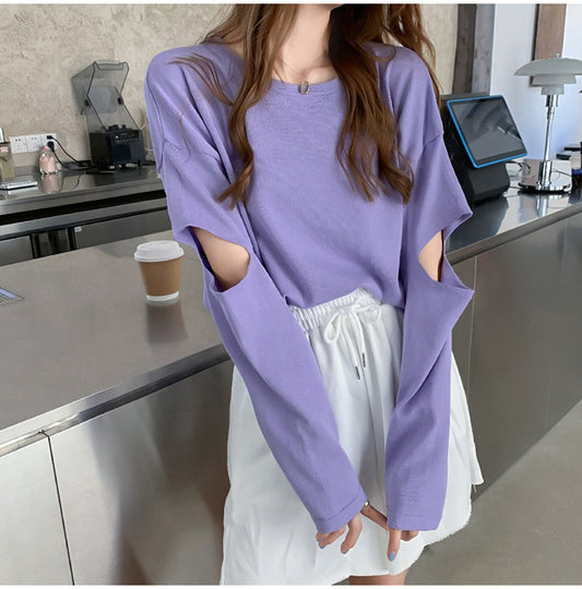 Cute Hole Long Sleeve Casual Color Shirts