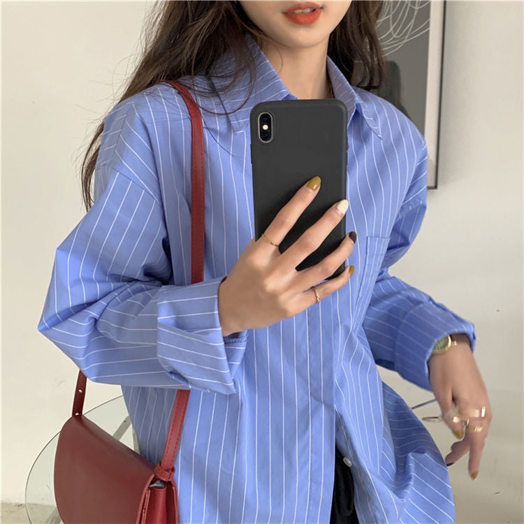 Long Sleeve Blue Striped Blouse Shirt