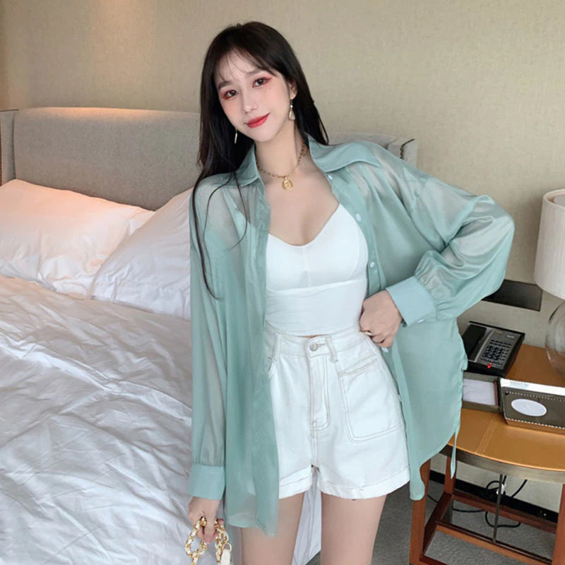 Loose Long Sleeve Chiffon Transparent Blouse Shirts