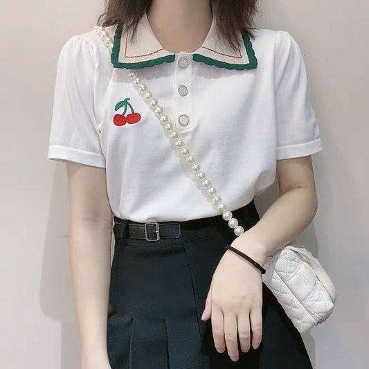 Cherry Pocket Embroidered Collar Shirts