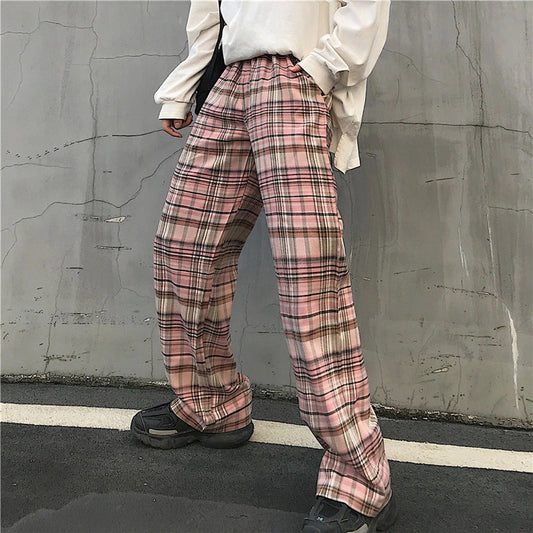 Loose Retro Pink Plaid Full Length Pants