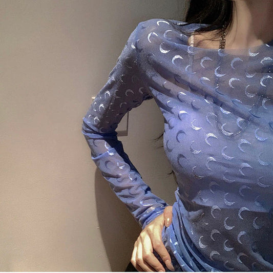 Long Sleeve Sexy Moon Pattern Transparent Shirts