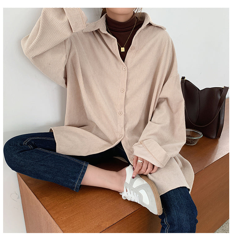 Long Sleeve Oversize Solid Corduroy Blouse Shirts