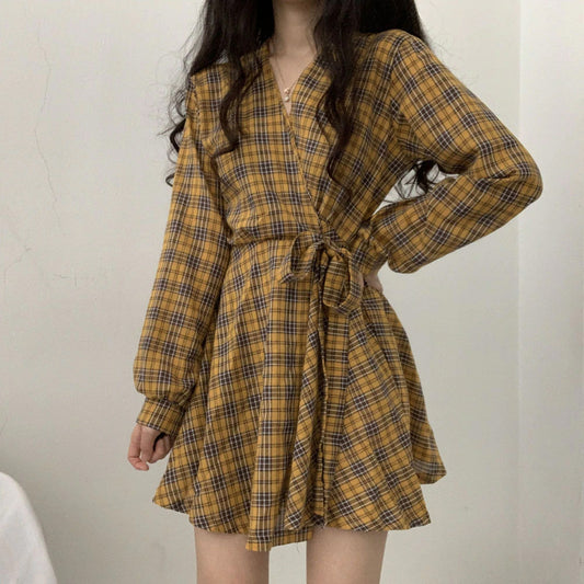 Long Sleeve Cute Bow Plaid Midi Dress