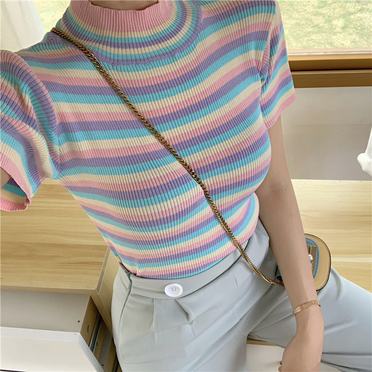 Pastel Striped Colors Cropped Slim Shirts