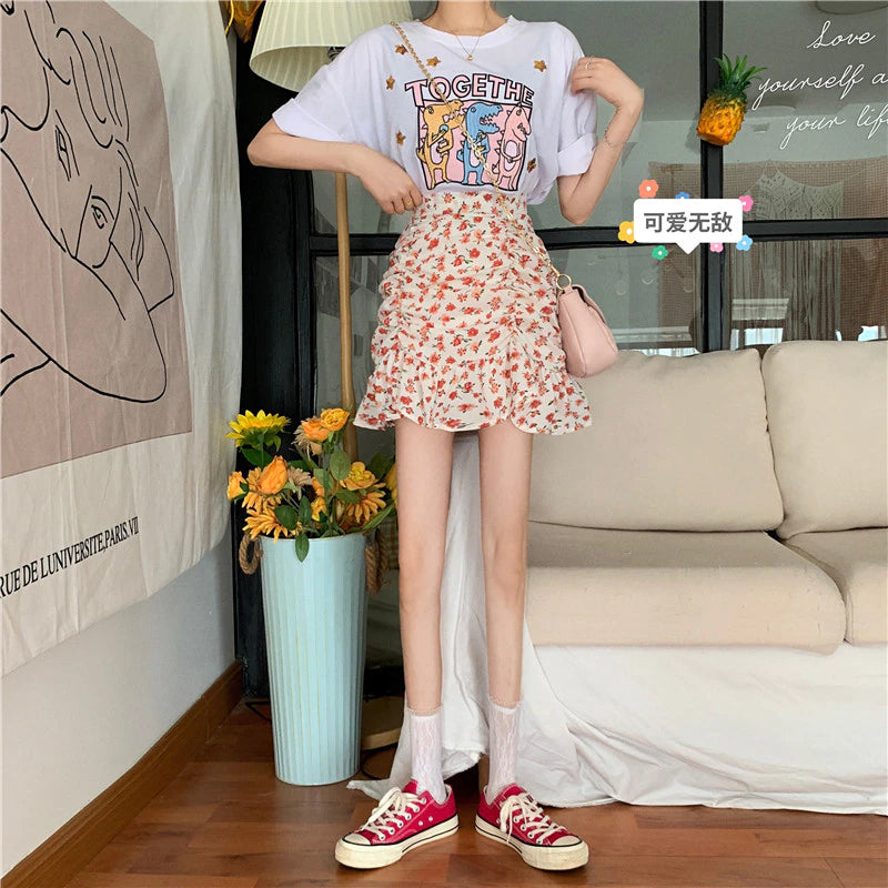 High Waist Fold Floral Pattern Mini Skirts