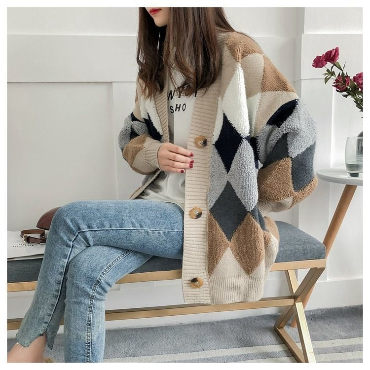 Loose Argyle Plaid Cardigan Sweater