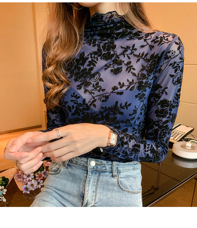 Long Sleeve High Neck Flowers Pattern Shirts