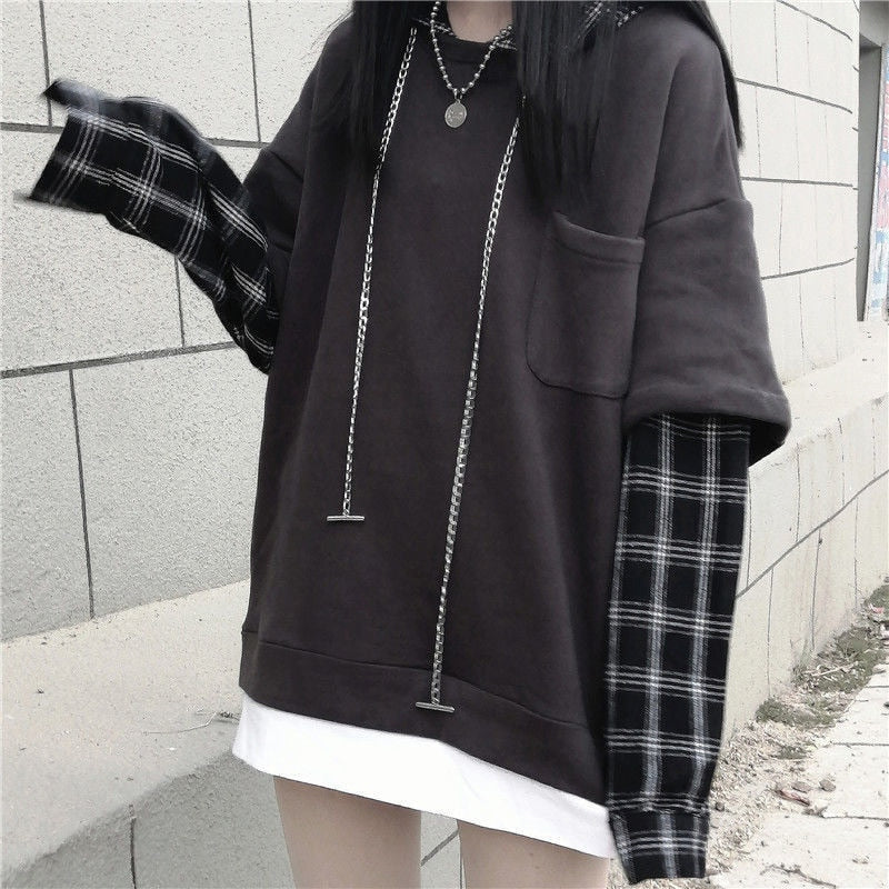 Hip Hop Sleeve Plaid Loose Hoodie