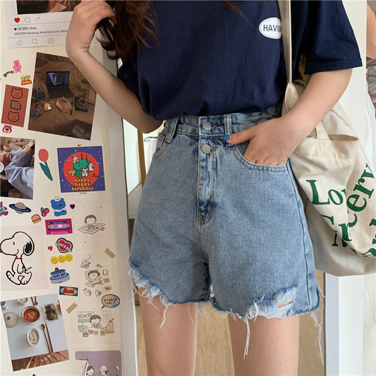 High Waist Double Buttons Ripped Shorts Jeans