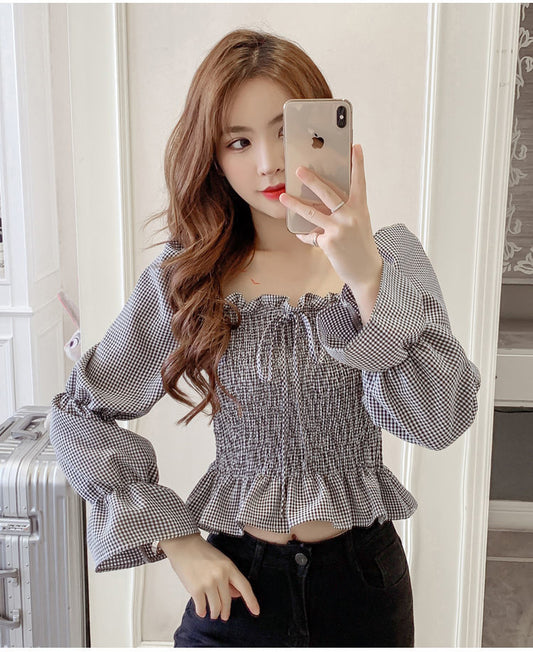 Long Sleeve Cute Tied Bow Plaid Blouse Shirts