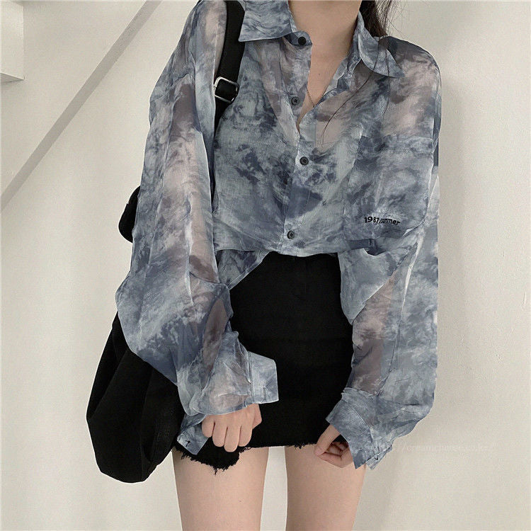 Loose Tie Dye Pattern Semi Transparent Shirts